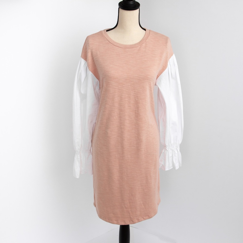 Shirt dress with ruffle sleeve peachy pink & white by Mustard Seed S